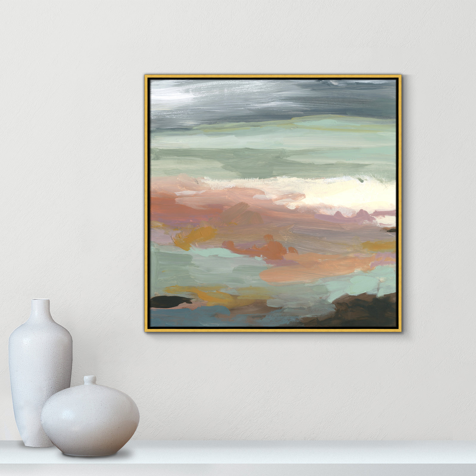 Bingham "Ocean Bluffs" Painting by Carol Robinson, Picture Framed Canvas, 31.5" H x 31.5" W, Gold