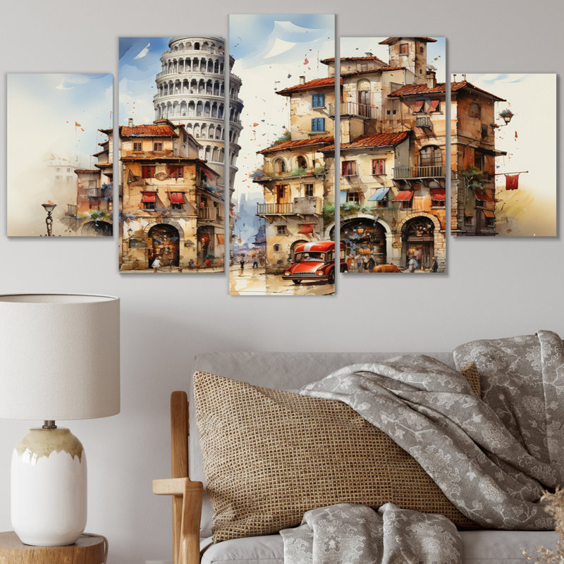 Italie, tour penchée magique - reproduction d'art sur toile Italie - 5 panneaux