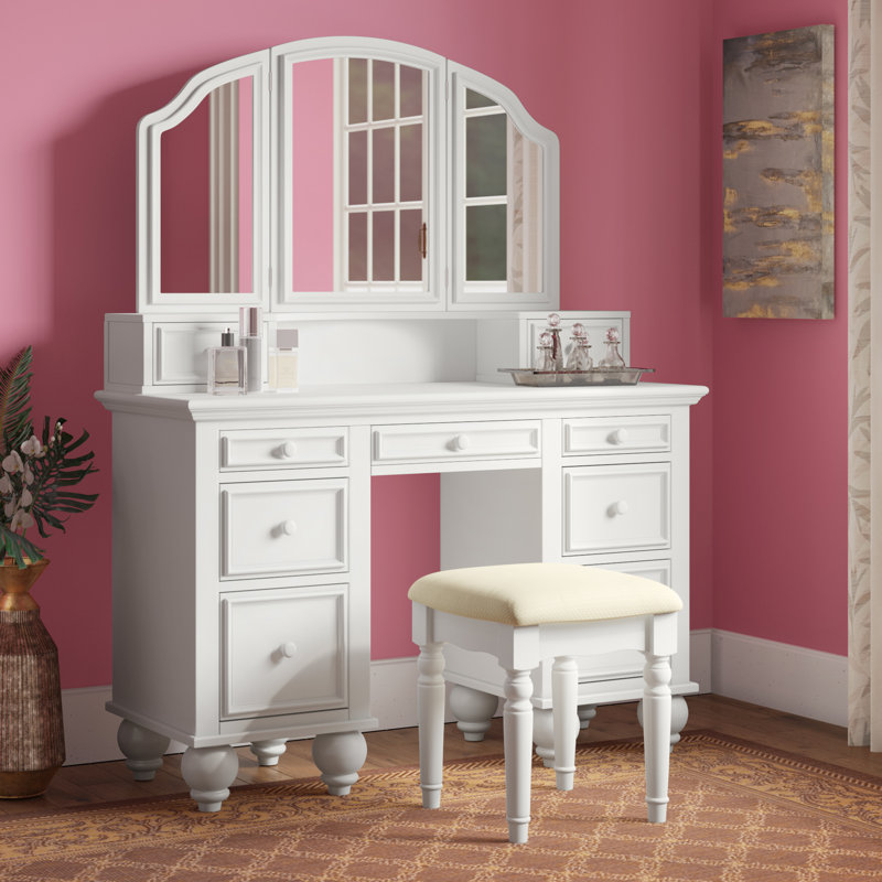 Ensemble coiffeuse avec tabouret et miroir Fortner, Blanc