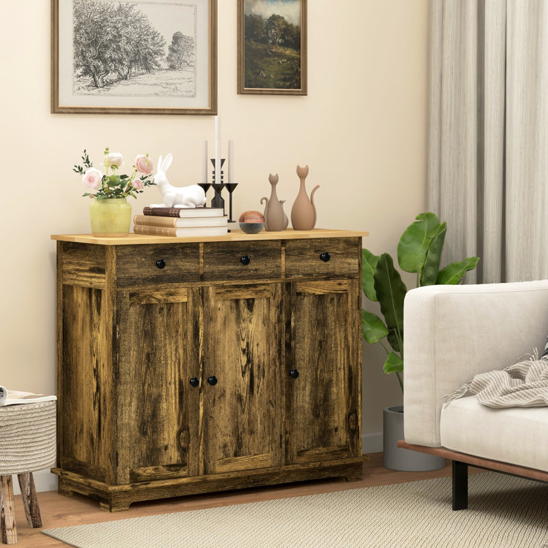 Buffet rustique brun, avec 3 tiroirs, portes et tablette réglable pour les tiroirs de cuisine