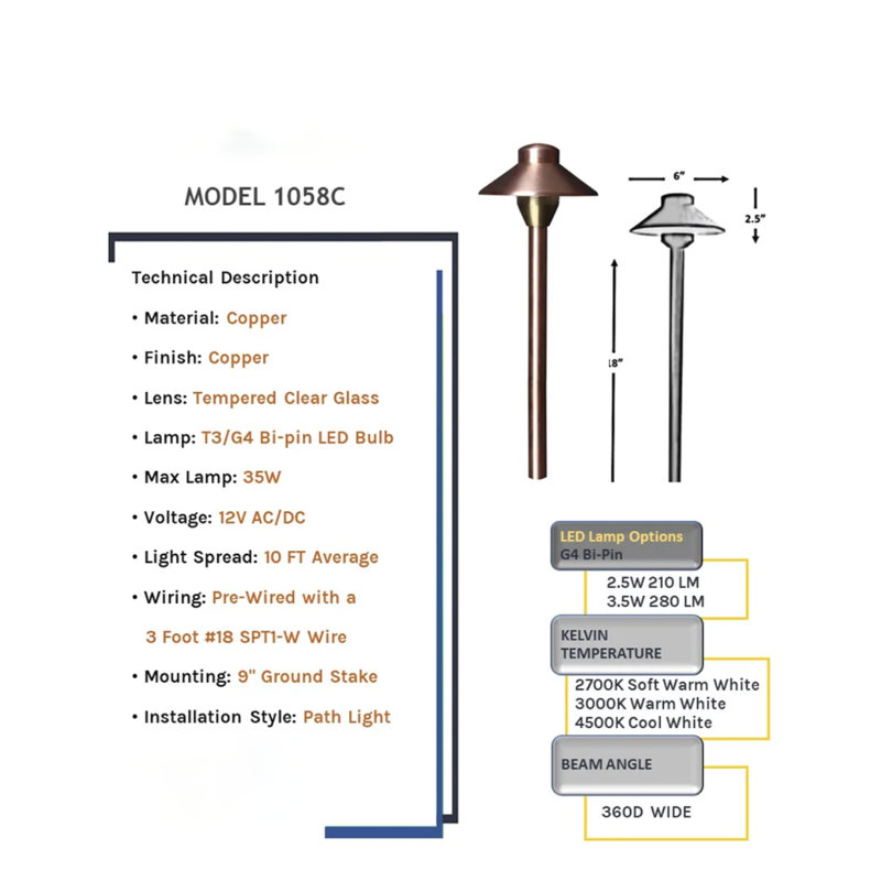 Natural Copper LED Pathway Light with Brass Finish