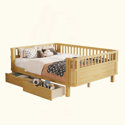 Wood Platform Bed for Kids, Wood Low Profile Full Bed with Rails
