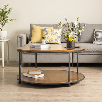 Table basse ronde en bois vintage avec deux tablettes de rangement