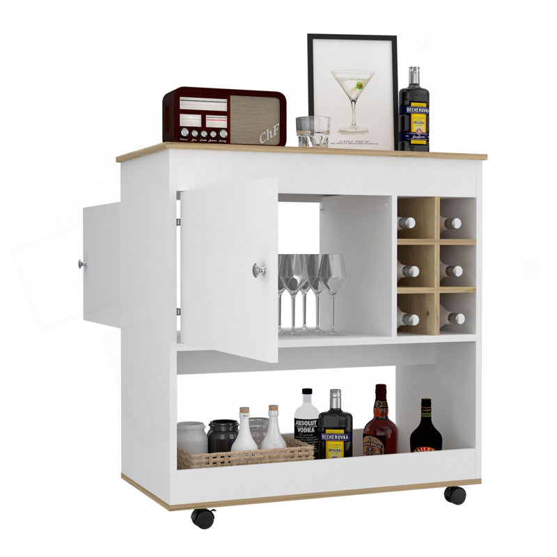 Bar Cart Aloha, Lower Panel, Six Bottle Cubbies, One Cabinet