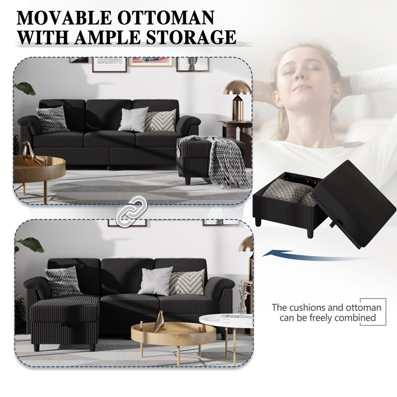 79" Upholstered L-Shaped Sofa with Ottoman , Black Corduroy