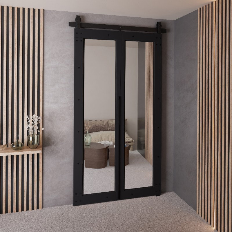 Folding Interior Door, 90 cm, Black, M-8 2 Full-Length Mirrors + Decorative Screws