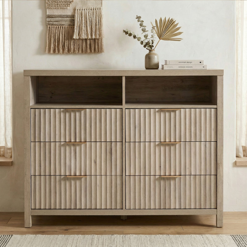Commode 6 tiroirs avec tablette média Arrilla, Chêne gris-beige