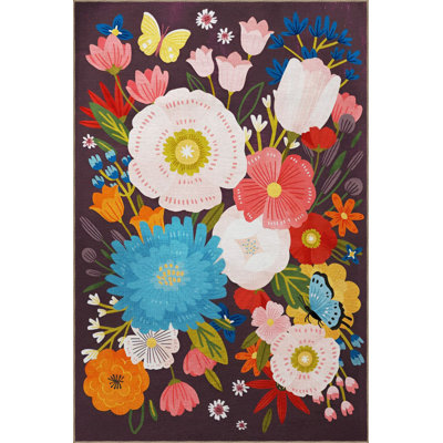Dark Gray Themed Multi Colored Rose Floral Patterned Creative Modern Decorative Rug Machine Washable