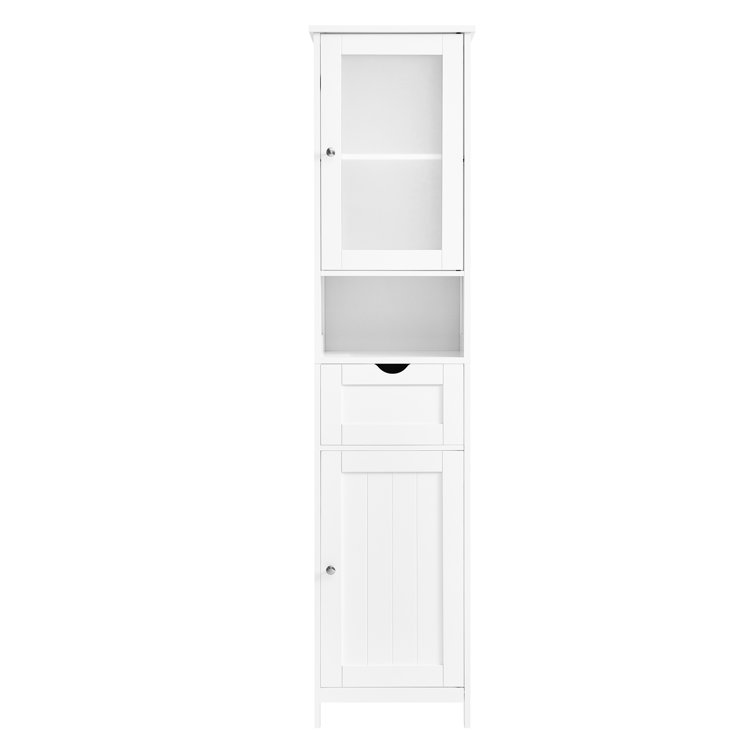 Narrow Tall Slim Floor Cabinet with 2 Glass Doors and Adjustable