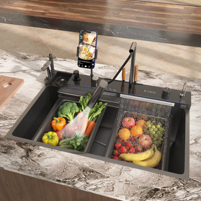 Évier de cuisine à cuve simple en acier inoxydable avec station de travail à affichage numérique - pulvérisateur rétractable, laveuse de tasses pressurisée, support pour téléphone