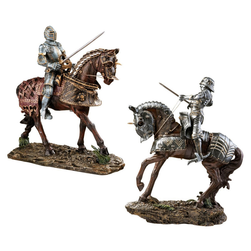Red and Silver Resin Knights on Horseback Figurine Set