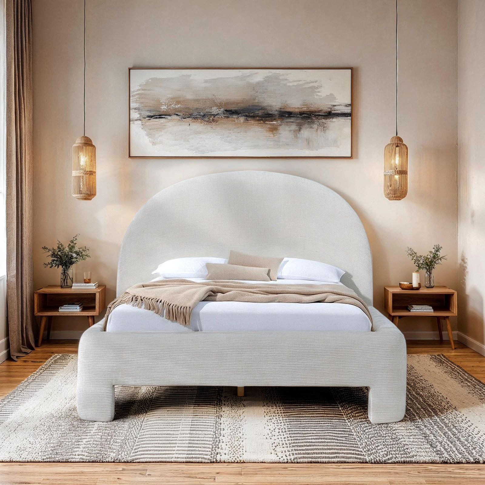 Mila Platform Bed, Beige, Queen