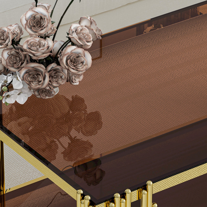  Kiane 51" L x 27.5" W 2-Tier Rectangle Black Tempered Glass Top Coffee Table, Deluxe Gold Stainless Legs Sofa Table, Black