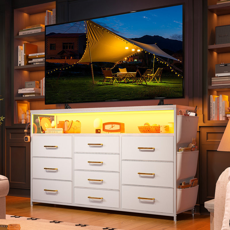 Long Fabric Dresser & TV Stand with LED Lights & Outlets for Bedroom & Living Room, White