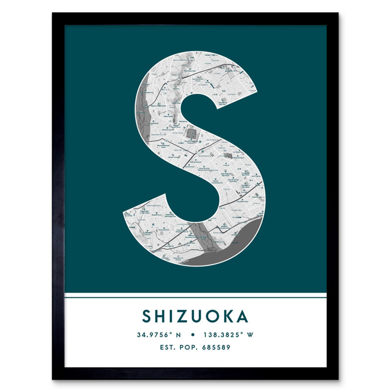 Shizuoka City Map Shizuoka Teal by Wee Blue Coo - Single Picture Frame Typography