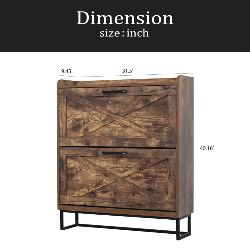 Armoire de rangement pour chaussures avec 2 tiroirs rabattables, organisateur autoportant avec pieds en métal pour le vestibule, étagère à chaussures étroite, brun rustique