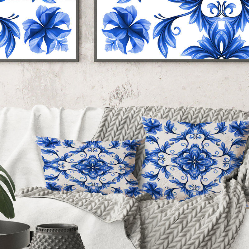 Motif floral abstrait à motif floral abstrait bleu et blanc, 18 po x 18 po