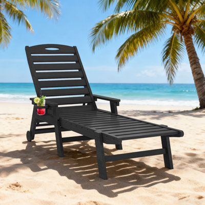 HDPE Wood Grain Outdoor Chaise Lounge Chair with Wheels & Cup Holder, 5-Position Adjustable Recliner, All-Weather Poolside Lounger by Latitude Run