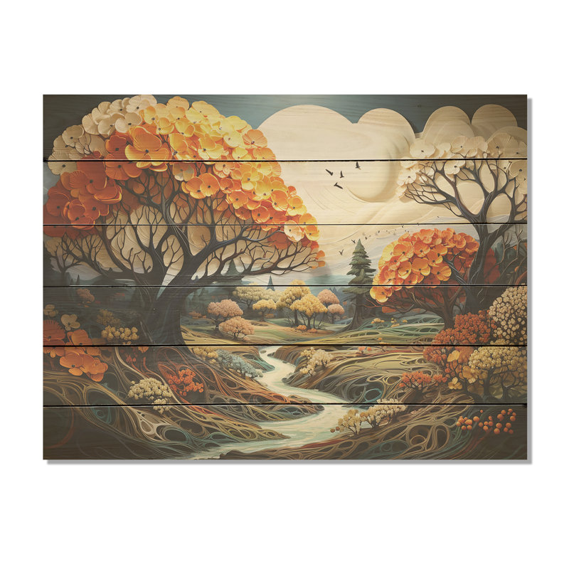 Trees Charm In Summer Charm - Trees Wood Panel Wall Art On Natural Pine Wood, H 10 po x l 20 po