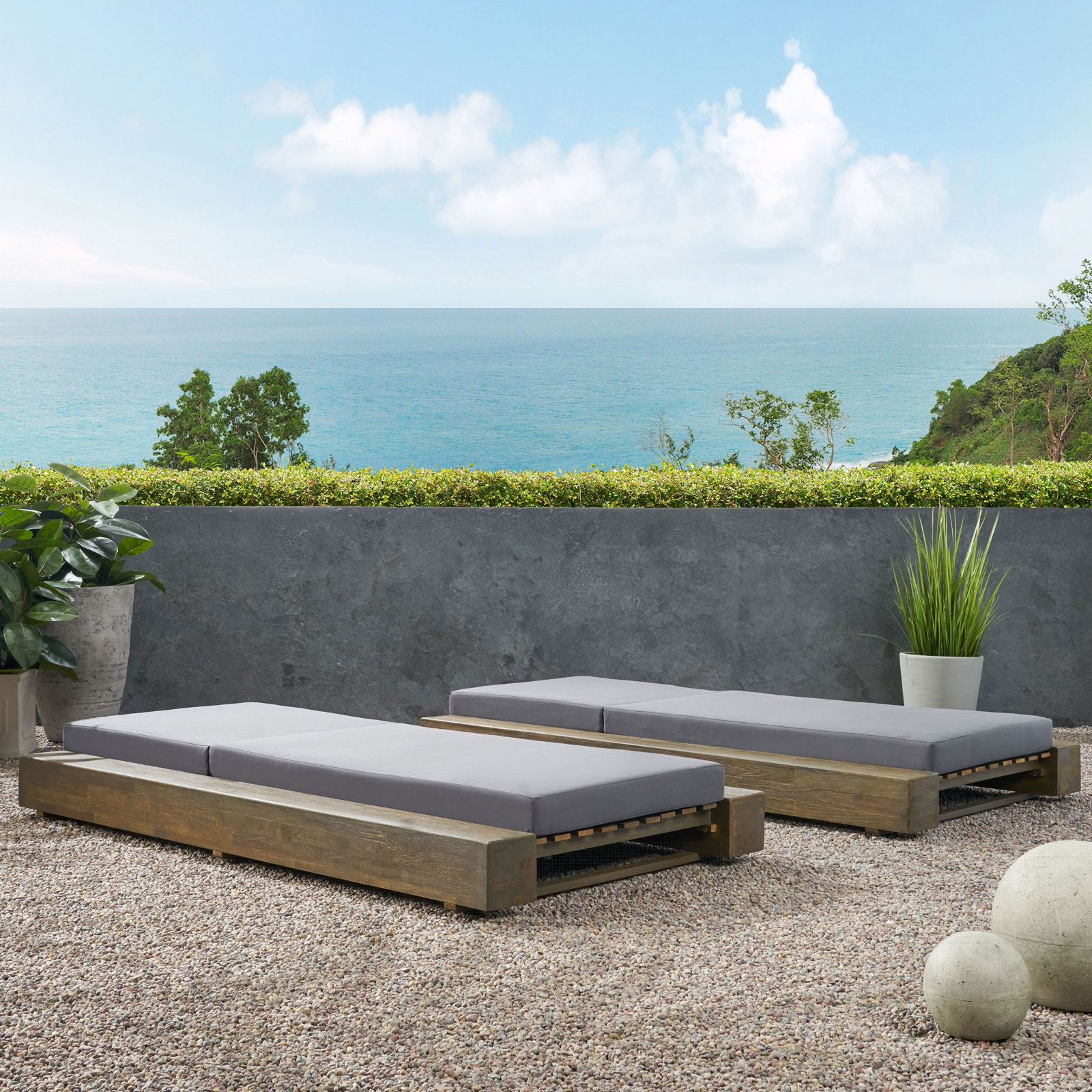 Donnie 39" Acacia Patio Chaise Lounge Set, Sandblast Gray Frame/Dark Gray Cushion, 2
