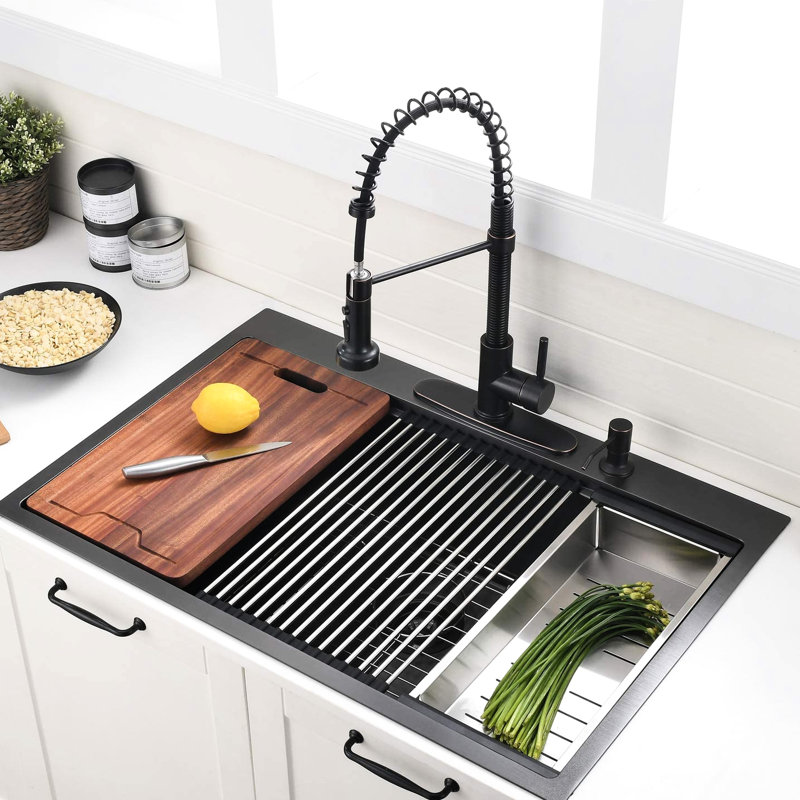 Évier de cuisine 36 pouces en acier inoxydable noir de calibre 16 avec barrière et système de drainage efficace X Groove
