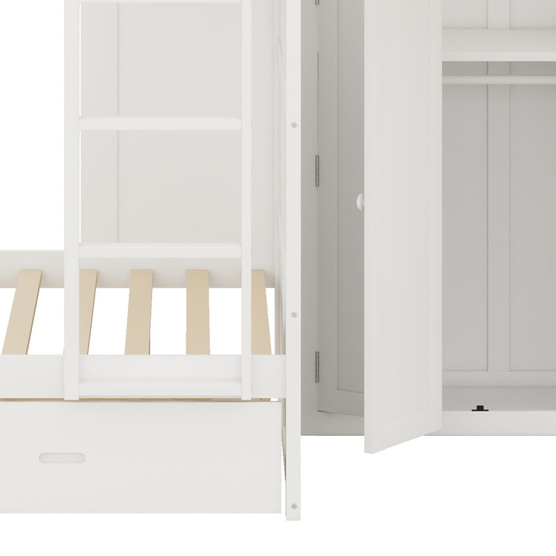 Offset Bunk Bed with Wardrobe, Drawers, Upholstered Guardrail and Hanging Rod, White