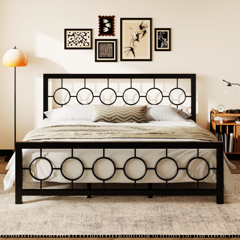 Lit plateforme vintage en métal Avren avec tête et pied de lit, design géométrique, sommier non requis, Très grand lit, Noir