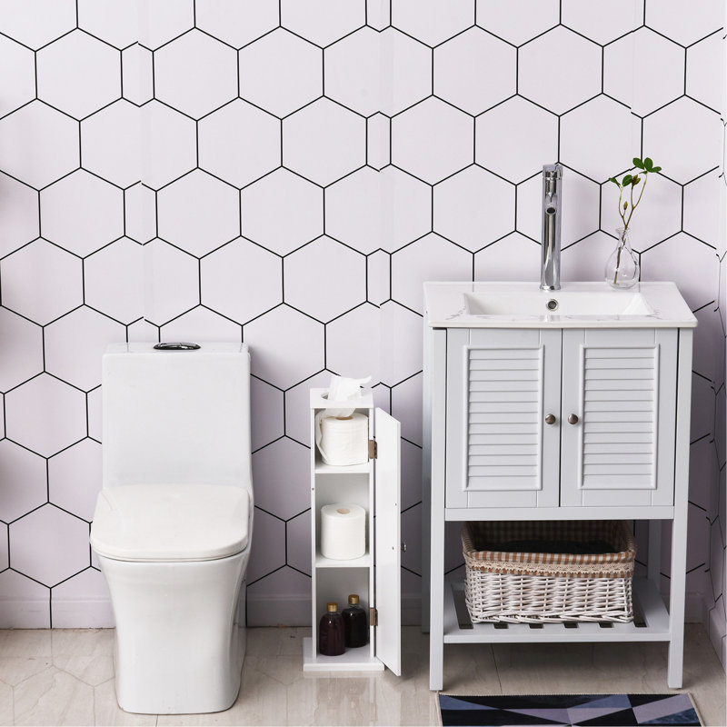 Petite armoire de salle de bain - Rangement de papier hygiénique en coin blanc avec portes