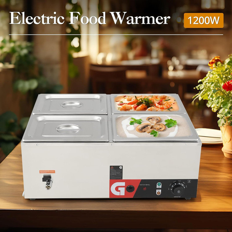 Chauffe-plat commercial à 4 plaques 4 x 10,5 pte, table à vapeur en acier inoxydable 1200 W 86-185 ° F pour les restaurants