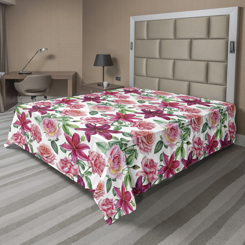 Ambesonne Flowers Flat Sheet Nostalgia Farmhouse, Dark Magenta Green Blush