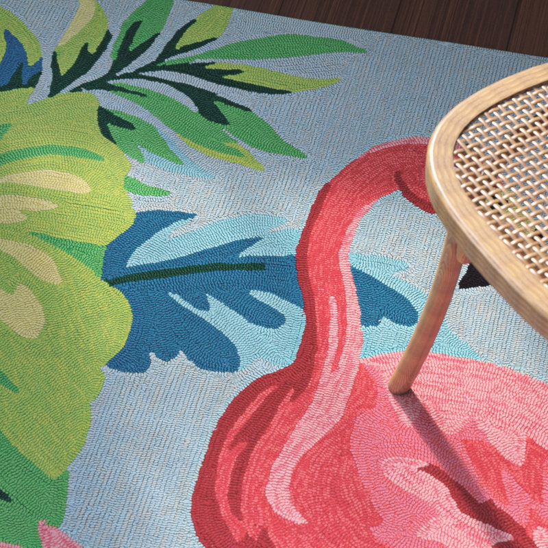 Tapis d'extérieur fabriqué à la main multicolore bleu flamants Wallingford, Rectangle 2 pi x 4 pi