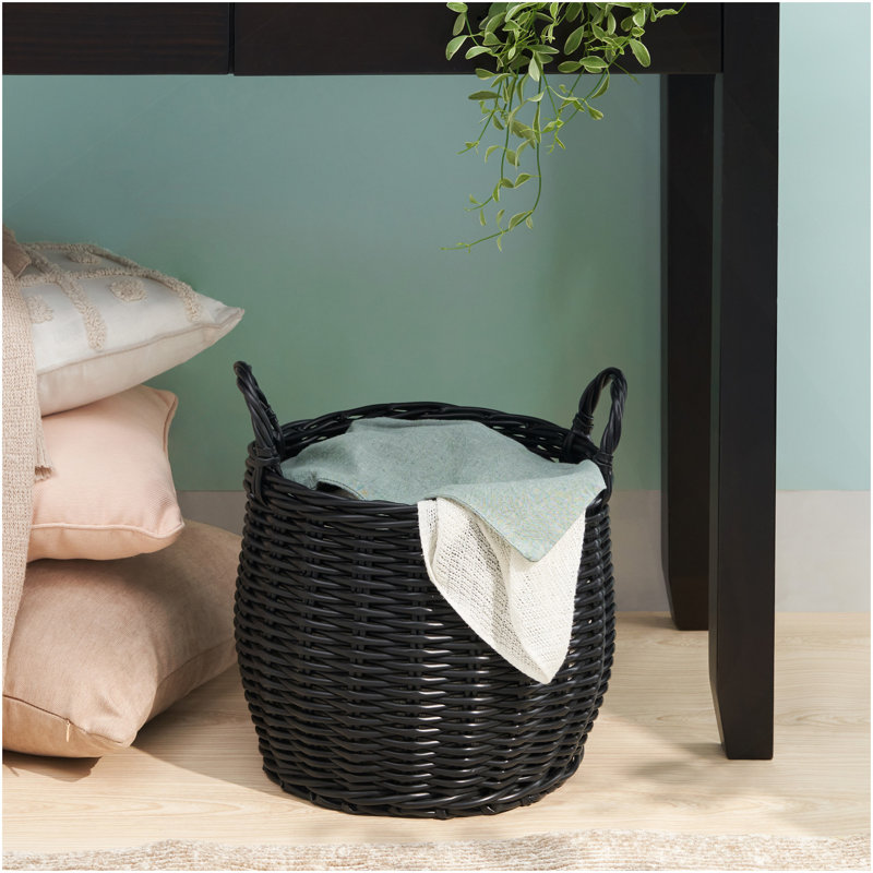 Lucius Round Resin Woven Wicker Basket With Handles - 13" X 13" X 10.2" - Black - For Clothes, Towels, Toys, Magazines Storage And Home Decoration