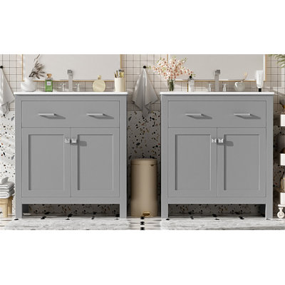 Ensemble de meuble-lavabo moderne avec meubles-lavabos doubles, lavabos en céramique, tablette réglable, portes à fermeture en douceur et tiroir rabattable