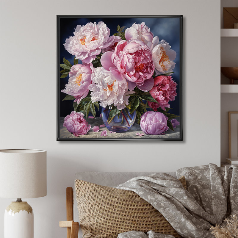 Reproduction d'art sur toile, "pivoines roses", H 36 po x l 36 po x P 1,5 po, Cadre flottant noir