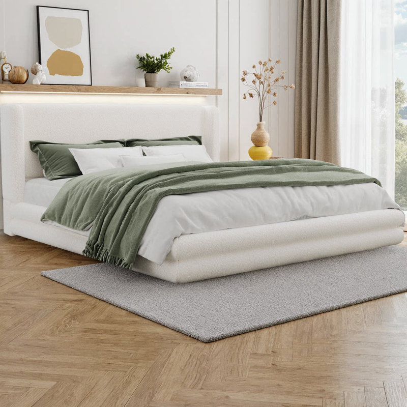 Base de lit plateforme avec tête de lit tapissier à oreilles Boucle, lit blanc avec tête de lit haute rembourrée et design incurvé, aucun sommier tapissier requis, assemblage rapide