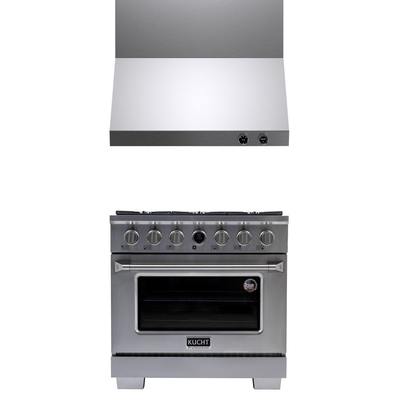36 In. 5.2 Cu. Ft. 6 Burners Dual Fuel Range For Propane Gas In Stainless Steel + Wall Mount Range Hood