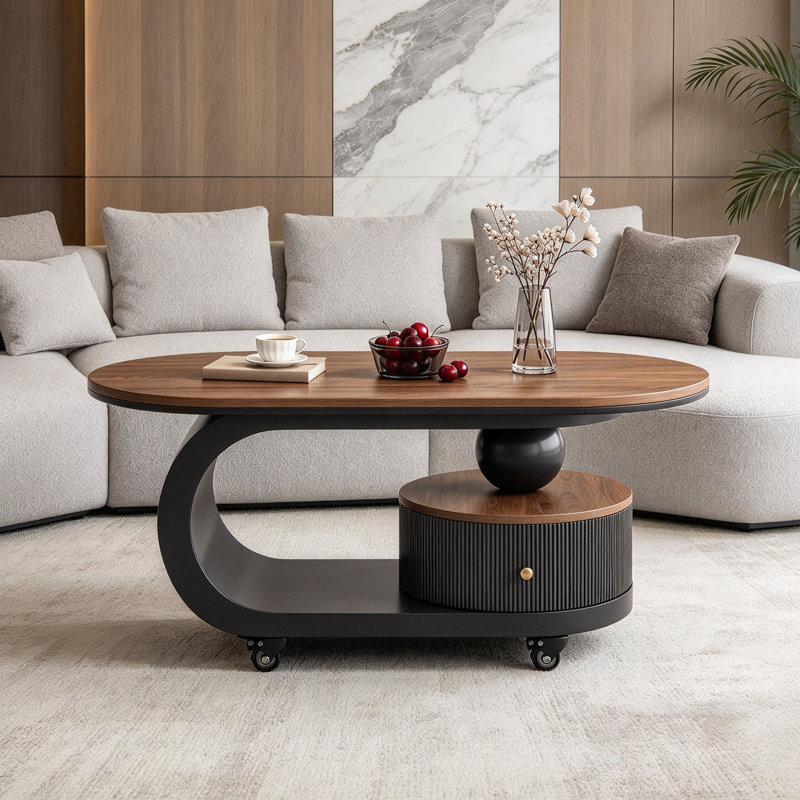 Table basse légère de luxe avec rangement, 17.71" H x 39.37" W x 19.68" D, Nut-brown / Black, Wood
