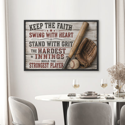 «Baseball Faith Motivation Quote Rustic Sports Decor», reproduction d'art encadrée sur toile