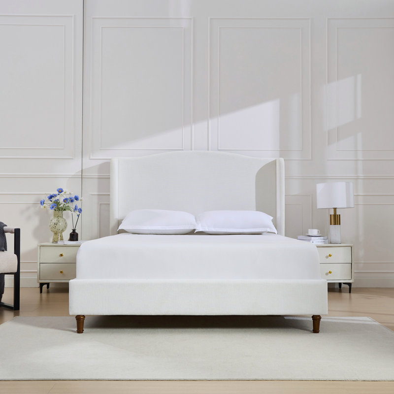 Très grand lit tapissier à oreilles Hannah / très grande tête de lit tapissier de 54 po Hannah / chenille blanc crème de qualité supérieure / motifs minimalistes / aucun sommier nécessaire / assemblage facile / très grand lit, base de lit