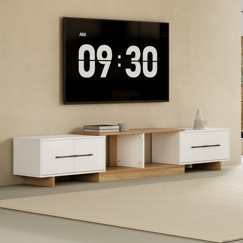 Extendable Tv Stand, Modern Tv Stand With 4 Large Cabinets, Entertainment Center Accommodates 120-Inch Tv, Ideal For Living Rooms, Wood Grain/White Finish