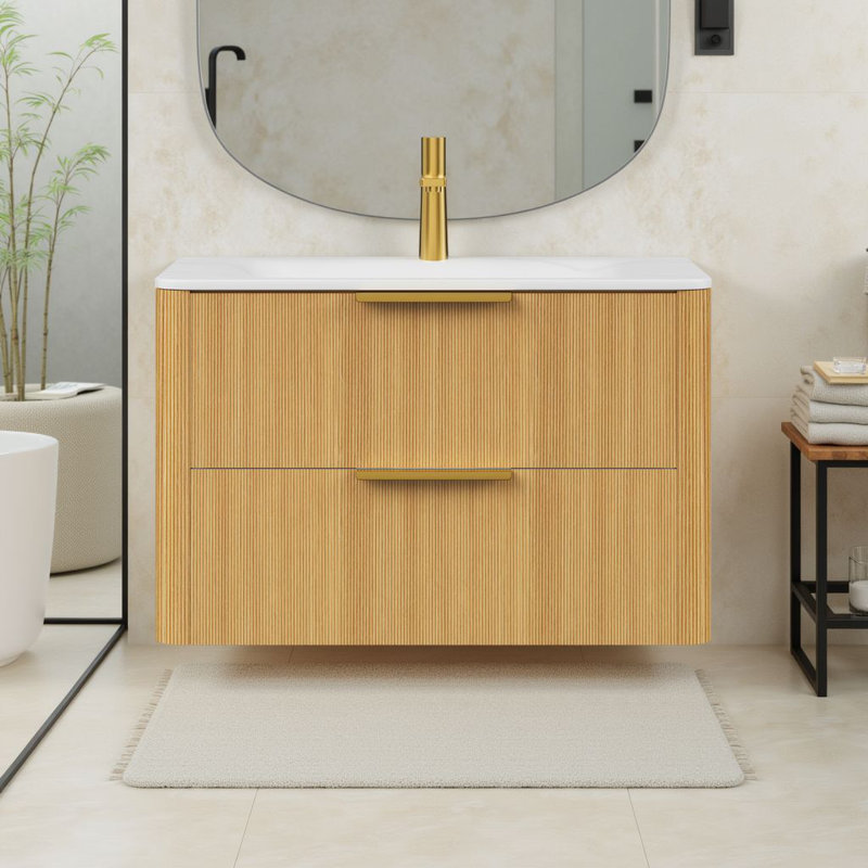 Meuble-lavabo flottant moderne de 30 po avec lavabo intégré en pierre frittée, armoire en contreplaqué et 2 tiroirs à fermeture en douceur