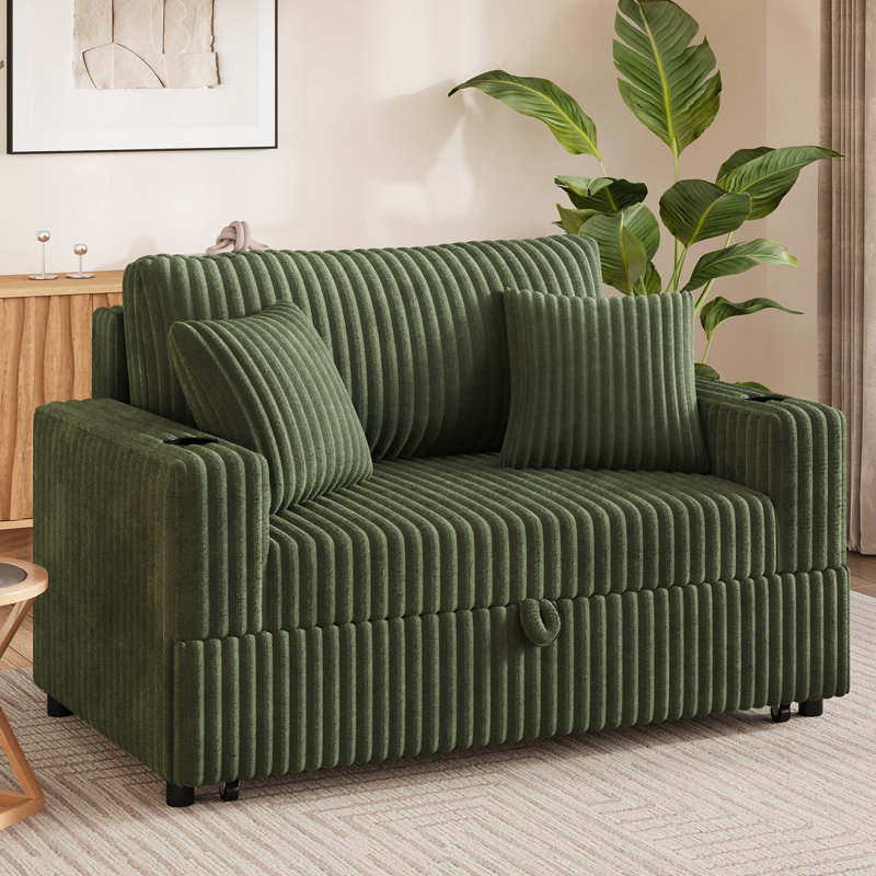 Canapé-lit escamotable avec méridienne, Tissu vertical en velours côtelé vert