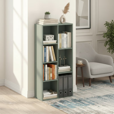 Bibliothèque à 7 tablettes, couleur vert sauge, bibliothèque polyvalente pour le salon, la chambre et le bureau à domicile