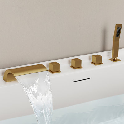 Robinet de baignoire cascade à fixation sur plateau à 3 poignées avec douche à main et bec cascade