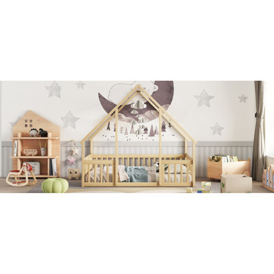 Full Wood House-Shaped Floor Bed With Fence, Guardrails,Natural
