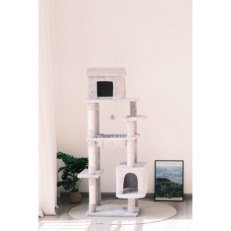 Arbre à chat gris à plusieurs niveaux de 63 pouces offrant plusieurs niveaux, poteaux à griffer, confortable et grand pour la qualité du sommeil des chats avec structure à 5 niveaux, zones, cachette douce et suspendue