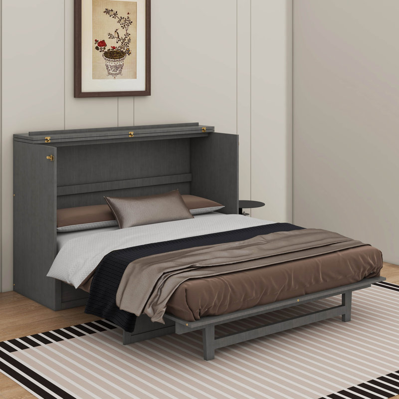 Grand lit escamotable avec grands tiroirs et ports USB, Gris brossé