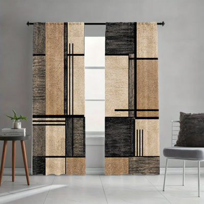2PCS Rod Pocket Light Filtering Curtains, Black Beige Contemporary Geometric Printed Drapes, Neutral Home Accent Decor, All Season Window Treatments for Living Room Bedroom Office Home Decoration