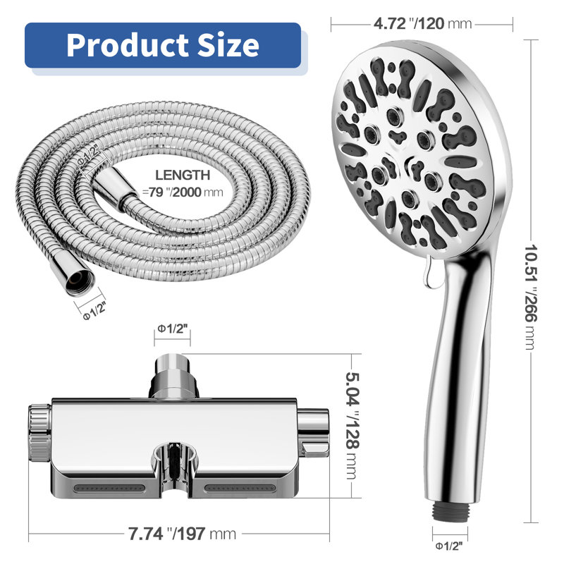 Pomme de douche double filtrée chromée à 9 réglages avec boyau extra long 79 po, Chrome chrome