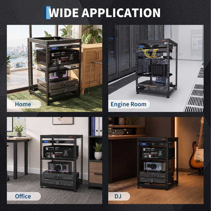 Support réseau 15U à cadre ouvert avec 2 tablettes ventilées, pieds réglables et quincaillerie de fixation, serveur informatique et organisateur d'équipement audiovisuel pour routeurs et modems